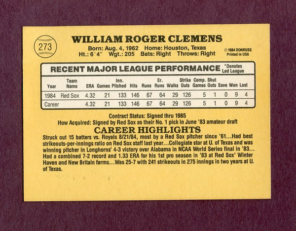 1985 Donruss #273 Roger Clemens Red Sox NR-MT 495748