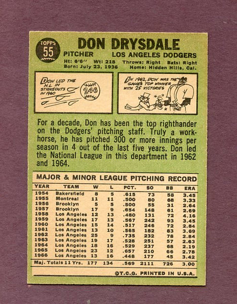 1967 Topps Baseball #055 Don Drysdale Dodgers NR-MT 495772