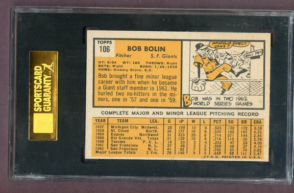 1963 Topps Baseball #106 Bob Bolin Giants SGC 8 NM/MT 496551