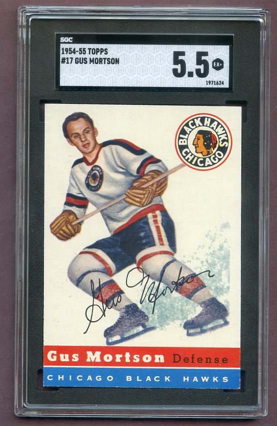 1954 Topps Hockey #017 Gus Mortson Black Hawks SGC 5.5 EX+ 496668