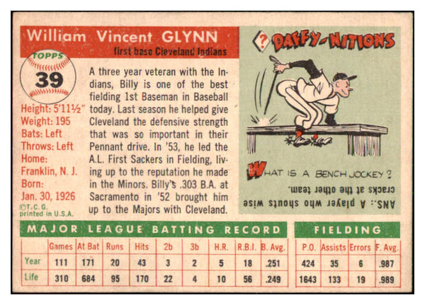 1955 Topps Baseball #039 Bill Glynn Indians EX-MT 497014