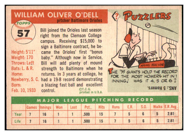 1955 Topps Baseball #057 Billy O'Dell Orioles EX-MT 497049