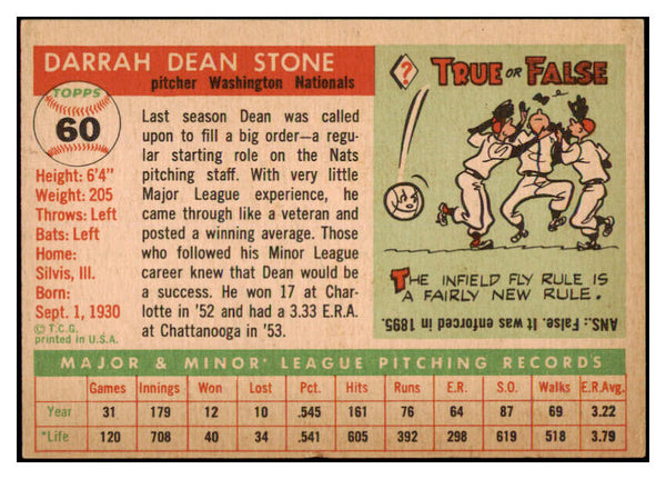 1955 Topps Baseball #060 Dean Stone Senators NR-MT 497057