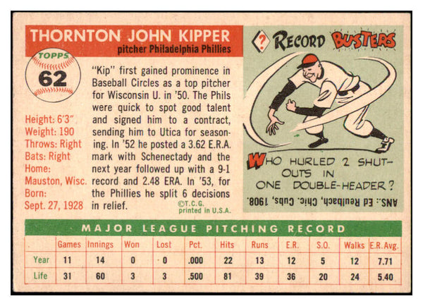 1955 Topps Baseball #062 Thornton Kipper Phillies EX-MT 497062