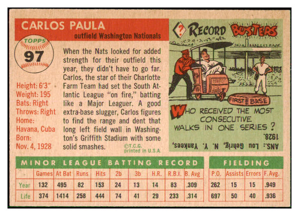 1955 Topps Baseball #097 Carlos Paula Senators EX-MT 497116