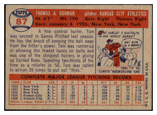 1957 Topps Baseball #087 Tom Gorman A's NR-MT 497319
