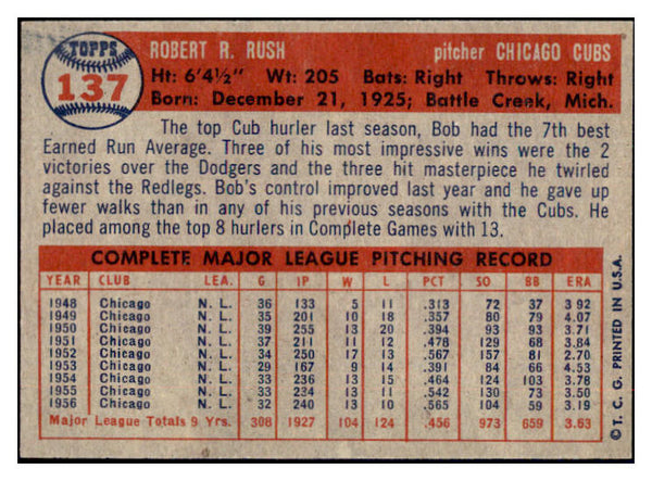 1957 Topps Baseball #137 Bob Rush Cubs NR-MT 497353