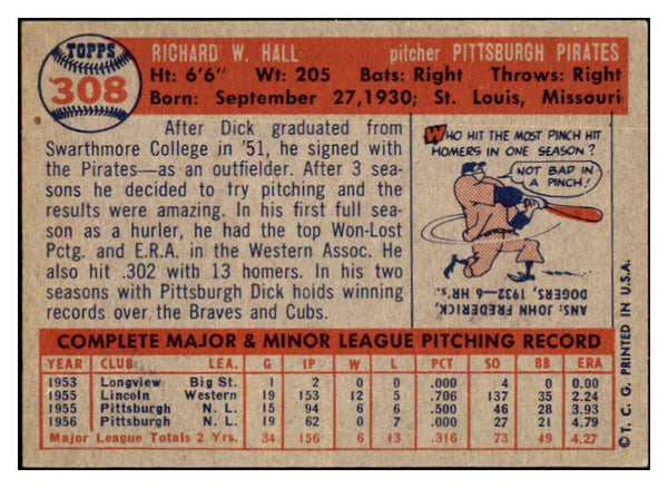 1957 Topps Baseball #308 Dick Hall Pirates EX-MT 497488