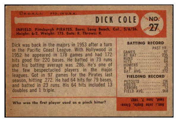1954 Bowman Baseball #027 Dick Cole Pirates EX-MT 497576