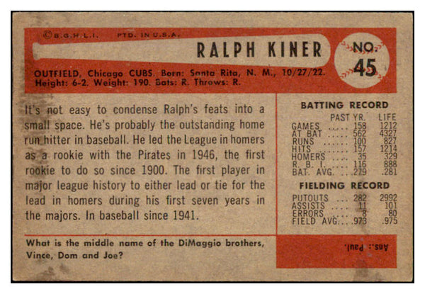 1954 Bowman Baseball #045 Ralph Kiner Cubs EX-MT 497599