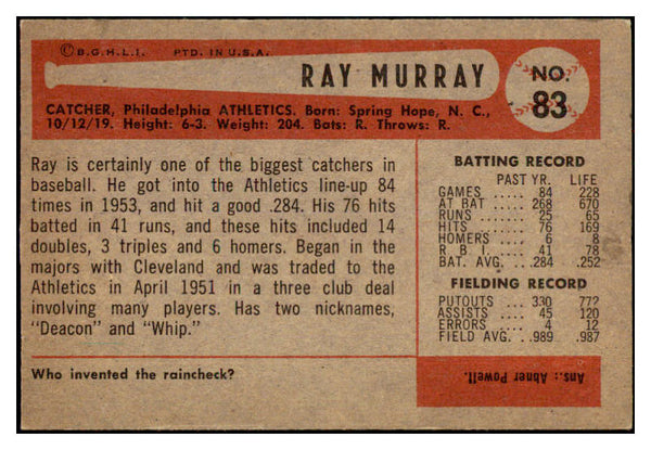 1954 Bowman Baseball #083 Ray Murray A's NR-MT 497642