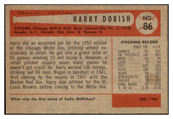 1954 Bowman Baseball #086 Harry Dorish White Sox NR-MT 497645