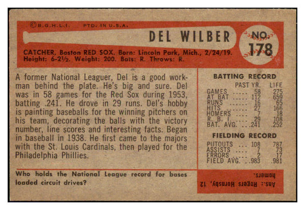 1954 Bowman Baseball #178 Del Wilber Red Sox NR-MT 497742