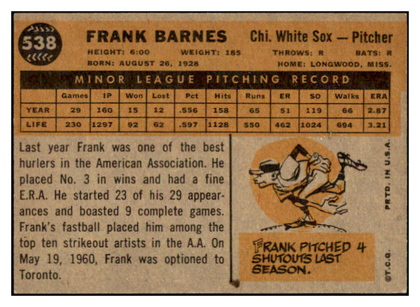 1960 Topps Baseball #538 Frank Barnes White Sox NR-MT 497933