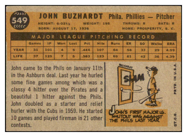 1960 Topps Baseball #549 John Buzhardt Phillies NR-MT 497952
