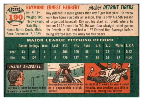 1954 Topps Baseball #190 Ray Herbert Tigers EX-MT 498046