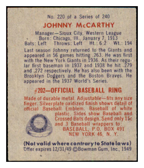 1949 Bowman Baseball #220 Johnny McCarthy Giants EX-MT 498098