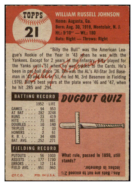 1953 Topps Baseball #021 Billy Johnson Cardinals EX 498312