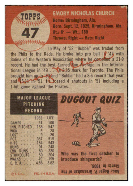 1953 Topps Baseball #047 Bubba Church Reds EX 498399