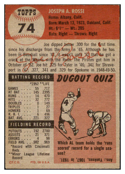 1953 Topps Baseball #074 Joe Rossi Pirates EX-MT 498489