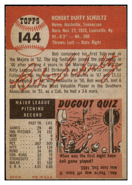 1953 Topps Baseball #144 Bob Schultz Cubs EX-MT 498684