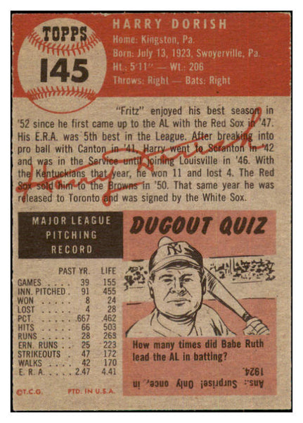 1953 Topps Baseball #145 Harry Dorish White Sox EX-MT 498687