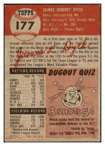 1953 Topps Baseball #177 Jim Dyck Browns EX 498795