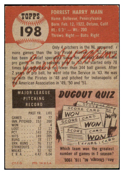1953 Topps Baseball #198 Forrest Main Pirates VG-EX 498864