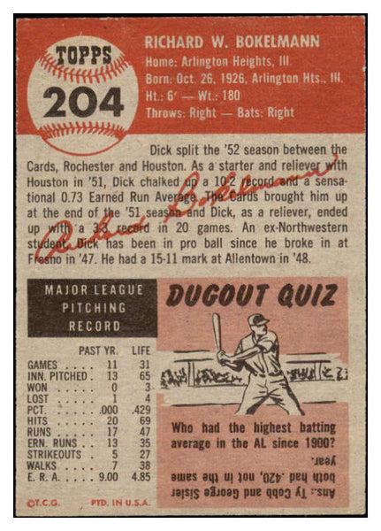 1953 Topps Baseball #204 Dick Bokelmann Cardinals EX 498882