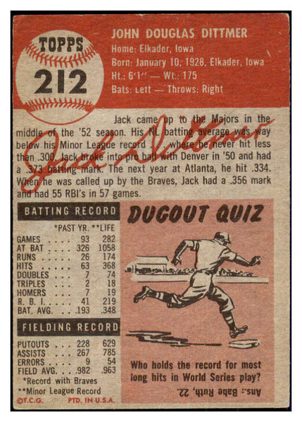 1953 Topps Baseball #212 Jack Dittmer Braves VG-EX 498912