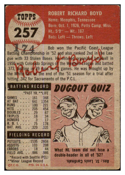 1953 Topps Baseball #257 Bob Boyd White Sox VG ink 498953