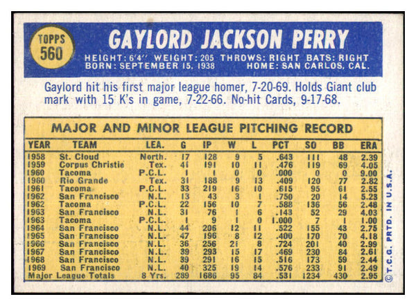 1970 Topps Baseball #560 Gaylord Perry Giants NR-MT 499061
