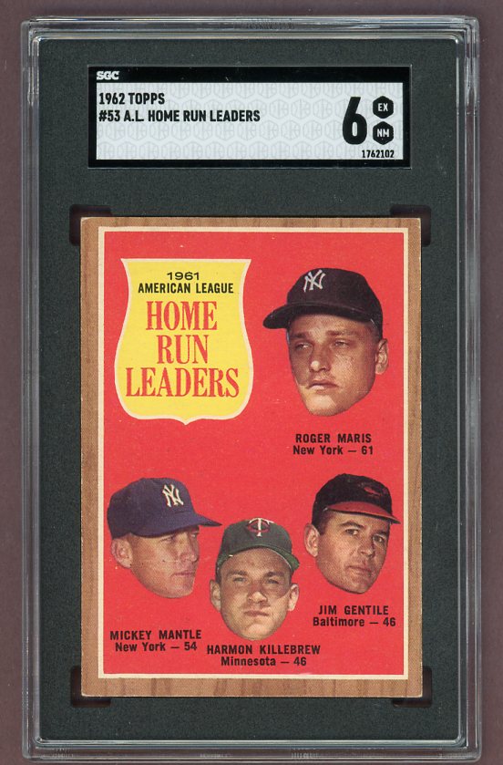 1962 Topps Baseball #053 A.L. Home Run Leaders Mickey Mantle SGC 6 EX-MT 500078