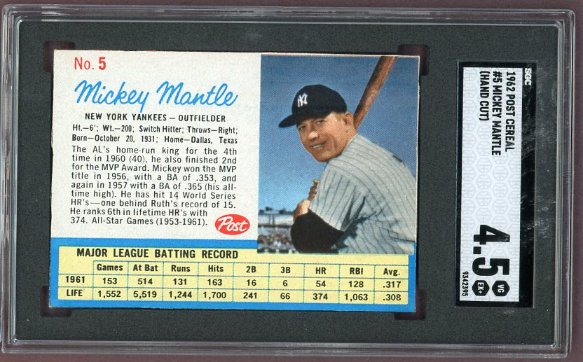 1962 Post Baseball #005 Mickey Mantle Yankees SGC 4.5 VG-EX+ 500208