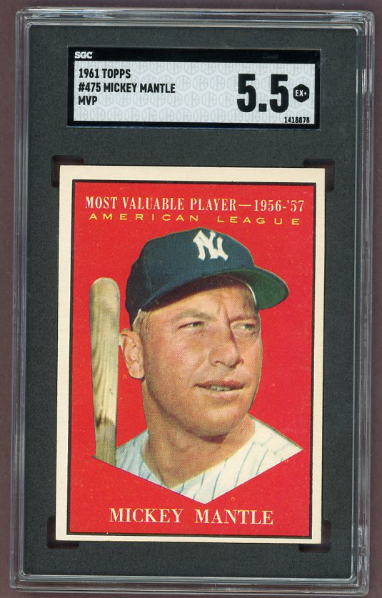 1961 Topps Baseball #475 Mickey Mantle MVP Yankees SGC 5.5 EX+ 500255