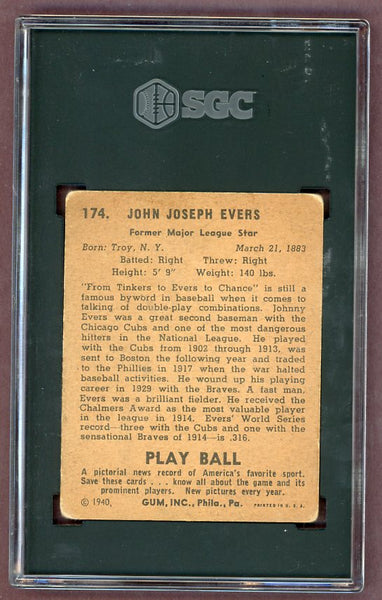 1940 Play Ball #174 Johnny Evers Cubs SGC 2.5 GD+ 500261