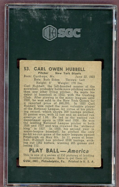 1939 Play Ball #053 Carl Hubbell Giants SGC 3 VG 500278