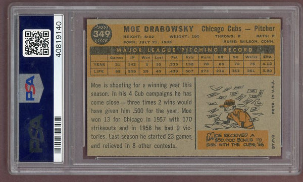 1960 Topps Baseball #349 Moe Drabowsky Cubs PSA 8 NM/MT 500523