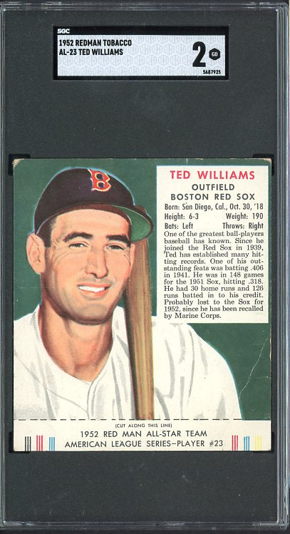 1952 Red Man #023AL Ted Williams Red Sox SGC 2 GD w Tab 500759