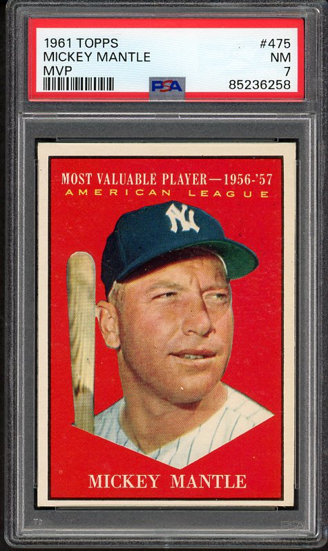 1961 Topps Baseball #475 Mickey Mantle MVP Yankees PSA 7 NM 500768