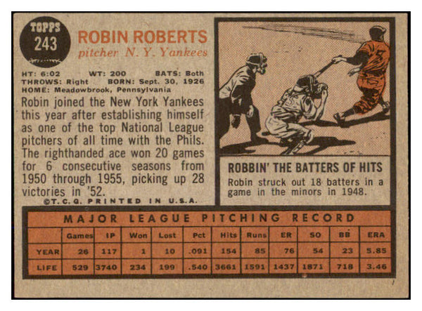 1962 Topps Baseball #243 Robin Roberts Yankees EX-MT 500780