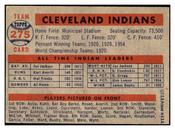 1957 Topps Baseball #275 Cleveland Indians Team VG-EX 500874