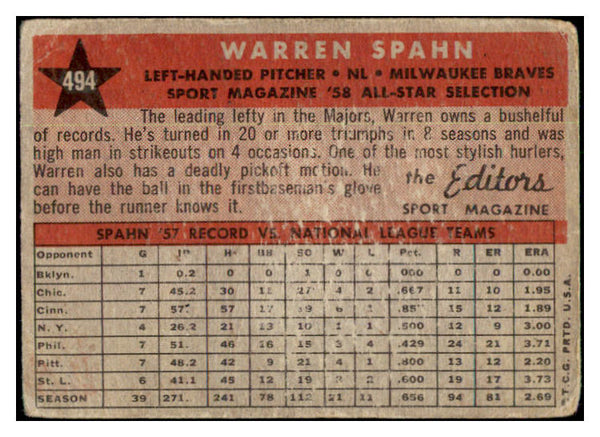 1958 Topps Baseball #494 Warren Spahn A.S. Braves Good 501201