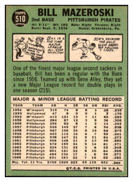 1967 Topps Baseball #510 Bill Mazeroski Pirates EX-MT 501241