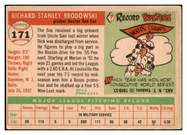 1955 Topps Baseball #171 Dick Brodowski Red Sox VG-EX 501382