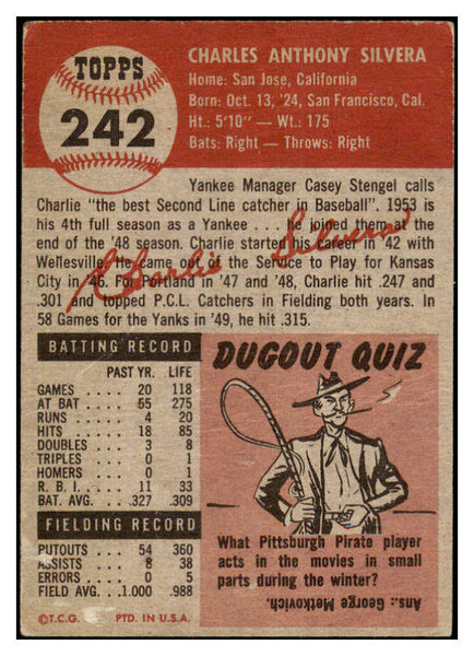 1953 Topps Baseball #242 Charlie Silvera Yankees VG 501543
