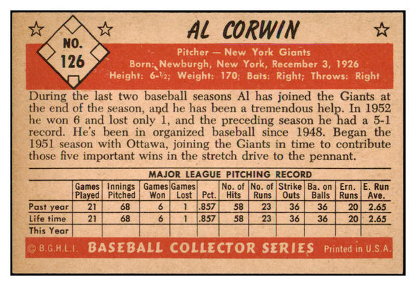 1953 Bowman Color Baseball #126 Al Corwin Giants NR-MT 501633