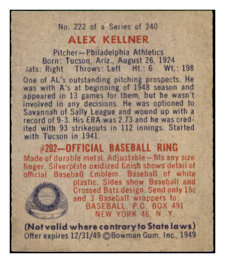1949 Bowman Baseball #222 Alex Kellner A's NR-MT 501801