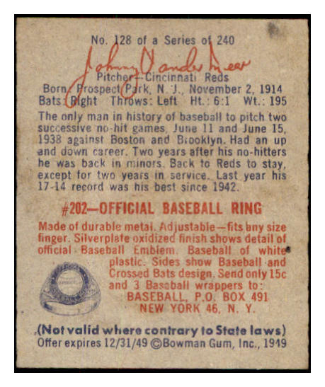 1949 Bowman Baseball #128 Johnny Vander Meer Reds NR-MT 501822