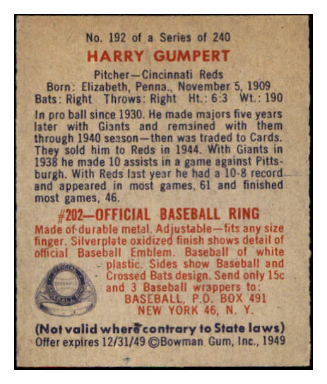 1949 Bowman Baseball #192 Harry Gumpert Reds EX-MT 501833